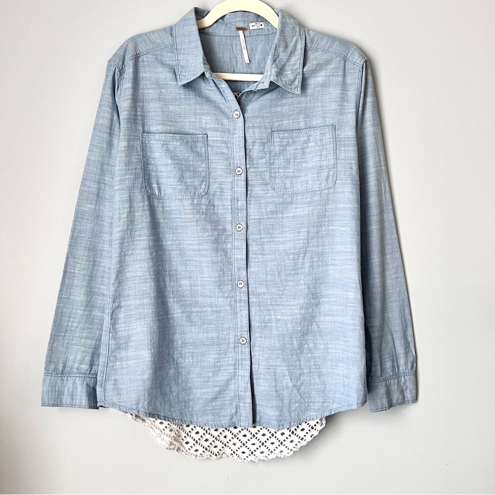 Free People Chambray Crochet Lace Back Button Down Shirt | Boho Blue | Size S
